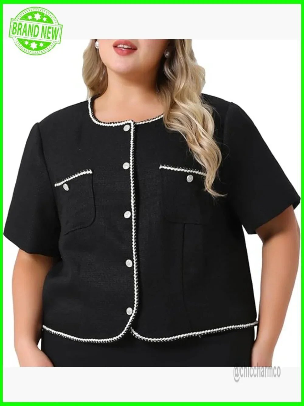 Plus Size Collarless Tweed Blazer Short Sleeve Open Front Work Jacket